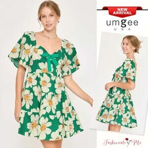 Umgee Daisy Print Short Sleeves Sweetheart Neck Ribbon Detail Mini Dress | Green